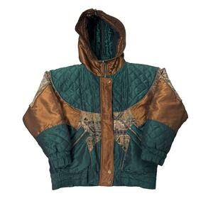 East West Quilted Patchwork Jacket Hooded Bronze Green Aztec Print Unisex Small